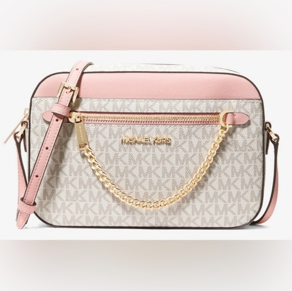 NWT Michael Kors Jet Set Large Logo Gold Chain Crossbody Bag - Vanilla - Picture 3 of 3